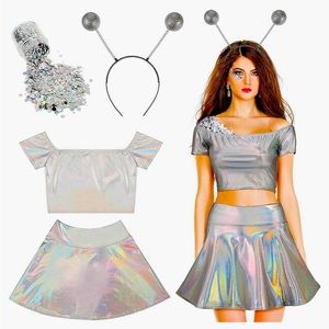 Women’s Sexy Alien Costume Holographic 4 piece